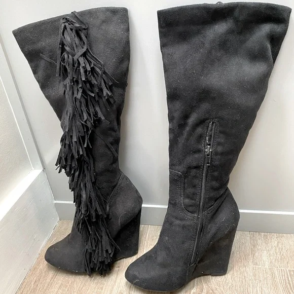 Jessica Simpson Shoes Black Suede Fringe Boots Poshmark